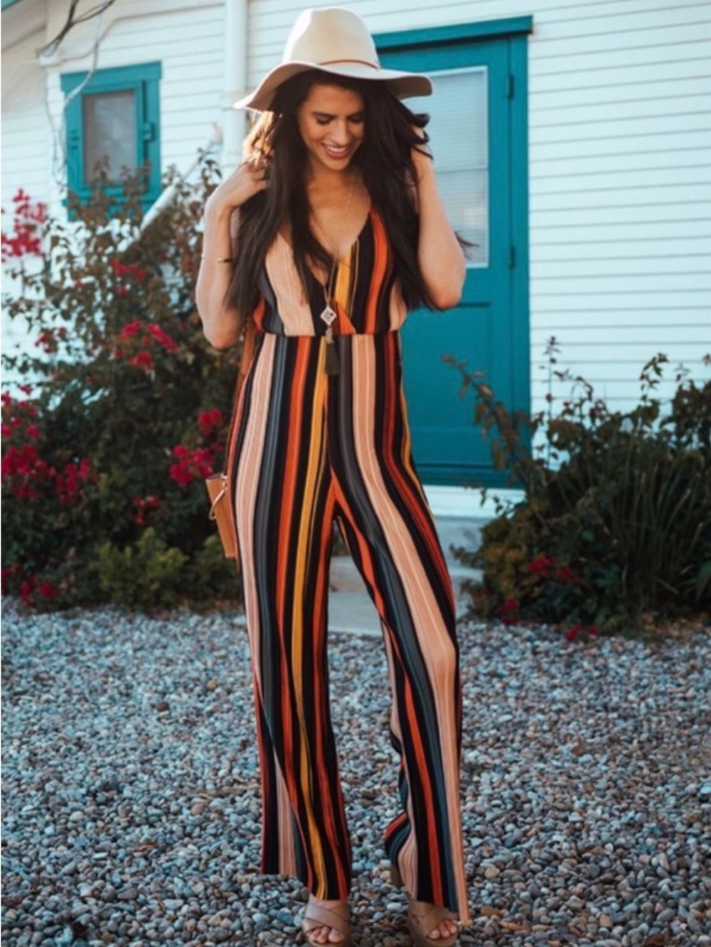 The Vintage Shop Retro Inspired Multi-Stripe V-Neck Wide-Leg Jumpsuit